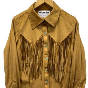 Wrangler Lainey Wilson Fringe Western Shirt Womens Medium Brown Faux Suede Snap